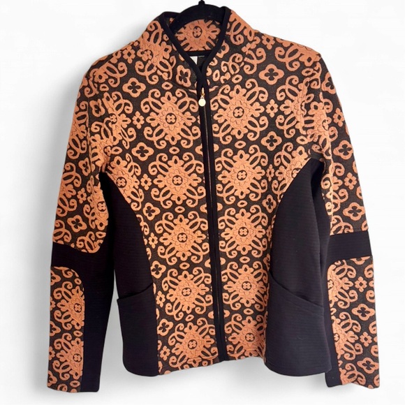 SAHALIE Zip Up Jacket Black Orange Jacquard Knit Size Medium - Picture 1 of 8